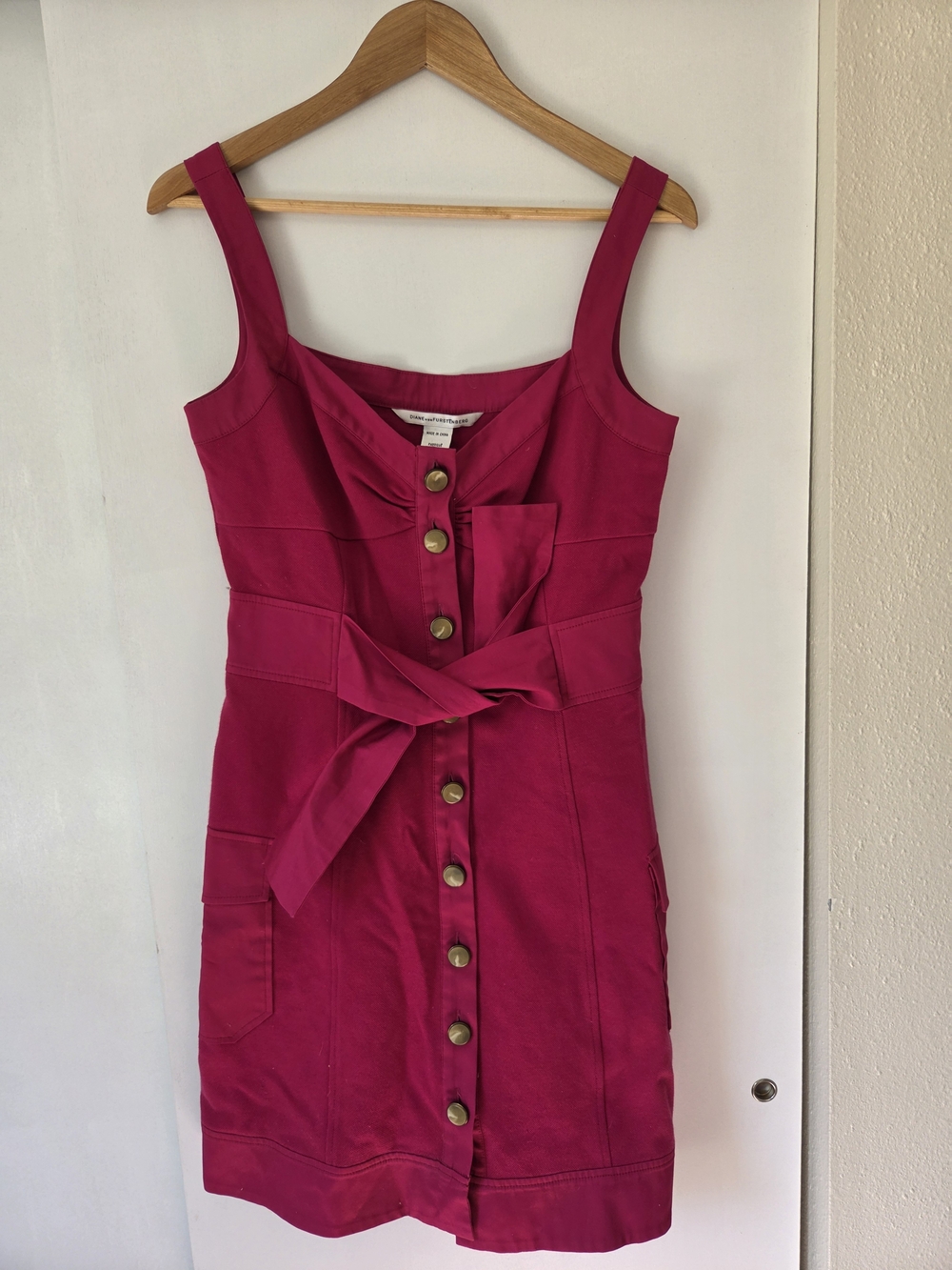 Diane Von Furstenberg Fuchsia Button-Front Tie-Waist Mini Dress